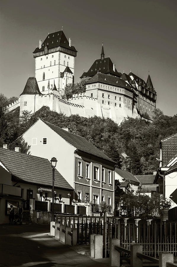 Karlstein Castle in Village Karlstein. Black and White Photograph by Jenny Rainbow