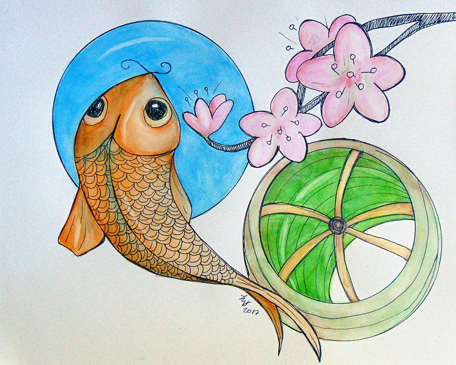Karp and Cherry Blooms Painting by Loretta Nash