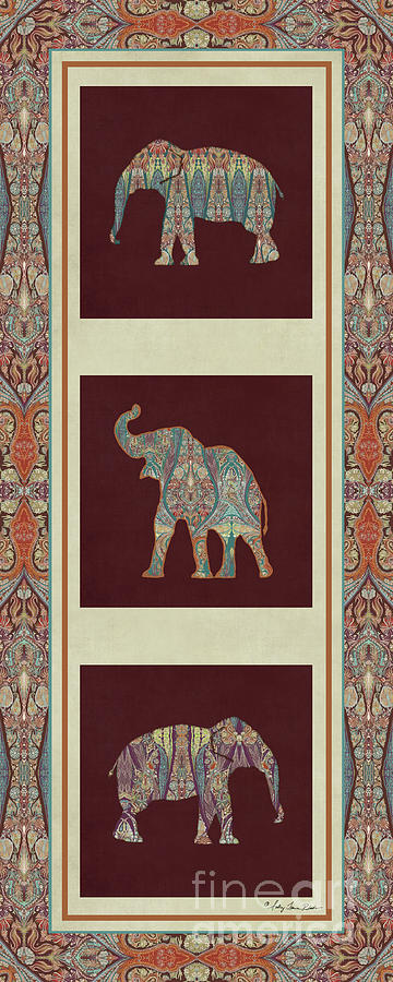 Vintage Painting - Kashmir Elephants - Vintage Style Patterned Tribal Boho Chic Art by Audrey Jeanne Roberts