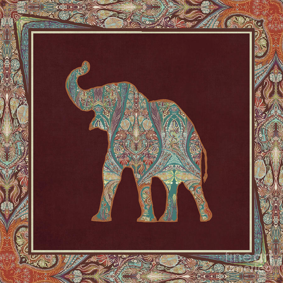Kashmir Patterned Elephant 3 - Boho Tribal Home Decor Painting by Audrey Jeanne Roberts