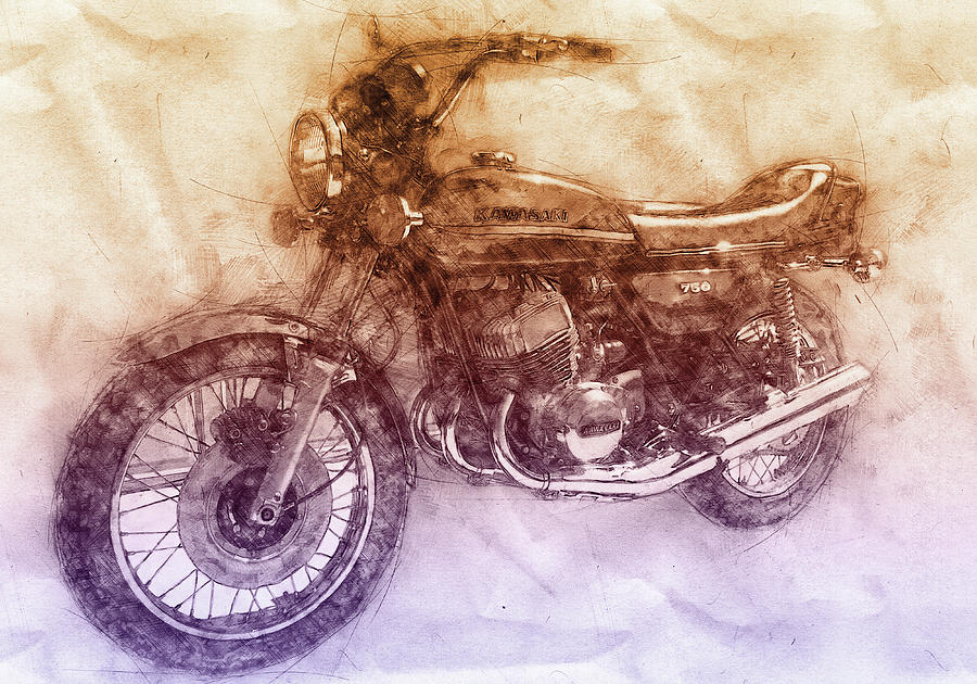 Kawasaki Triple 2 - Kawasaki Motorcycles - 1968 - Motorcycle Poster - Automotive Art Mixed Media by Studio Grafiikka