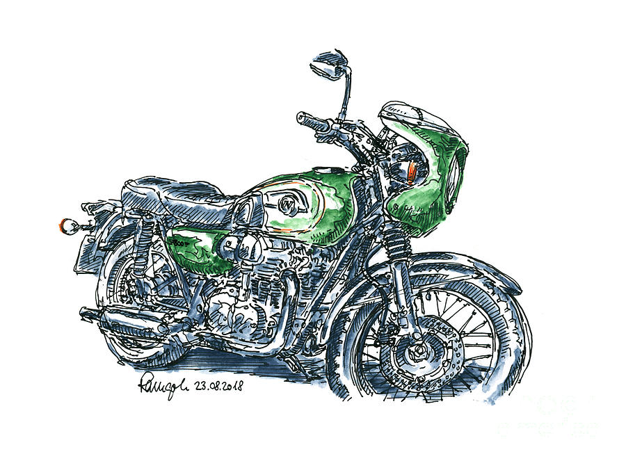 Transportation Drawing - Kawasaki W 800 Retro Motorcycle Ink Drawing and Watercolor by Frank Ramspott