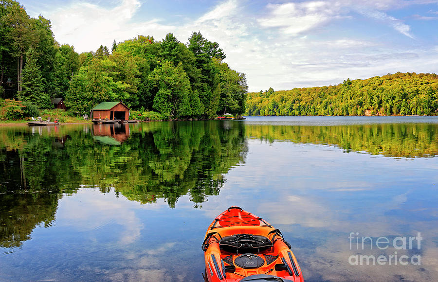 Summer Photograph - Kayak and Cottages in Gatineau Park by Charline Xia