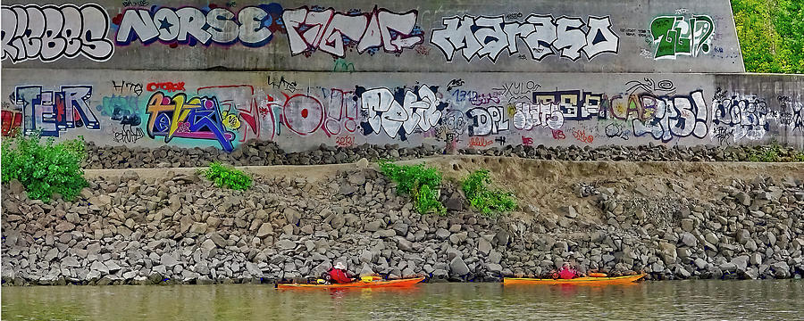 Kayakers Dwarfed By The Street Art By The Danube River Photograph by Rick Rosenshein