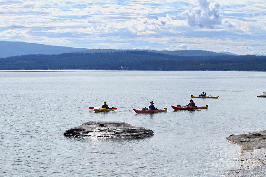 Kayakers Paddle to Fishing Cone on Yellowstone Lake Photograph by Catherine Sherman