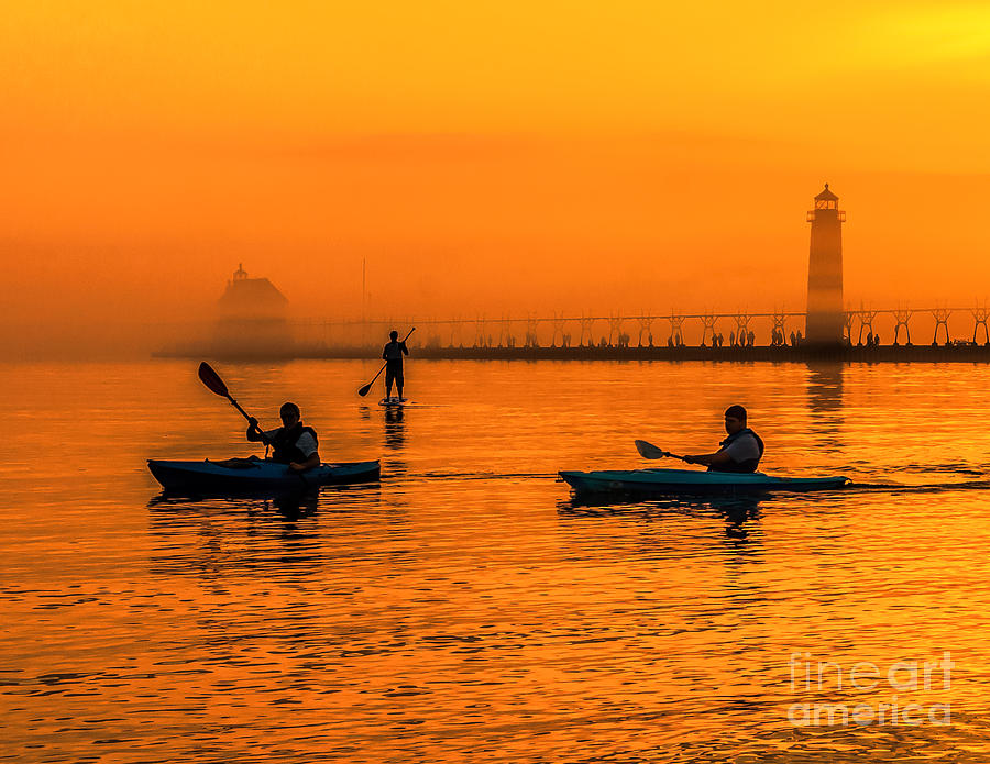 Kayaks at Sunset - Grand Haven Light Photograph by Nick Zelinsky Jr