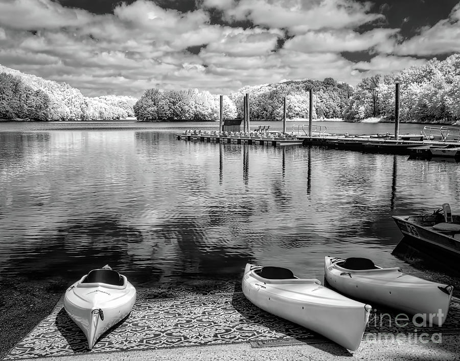 Kayaks awaiting - IR mono Photograph by Izet Kapetanovic