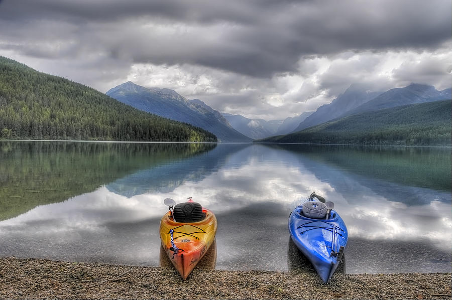 Glacier National Park Photograph - Kayaks on Bowman Lake by Donna Caplinger