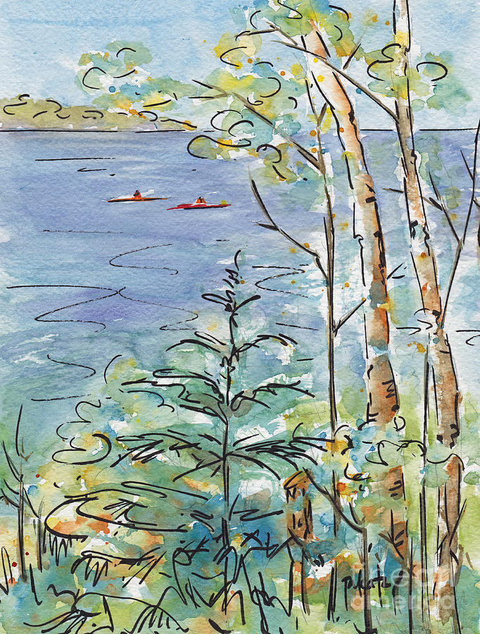 Kayaks On The Lake Painting by Pat Katz