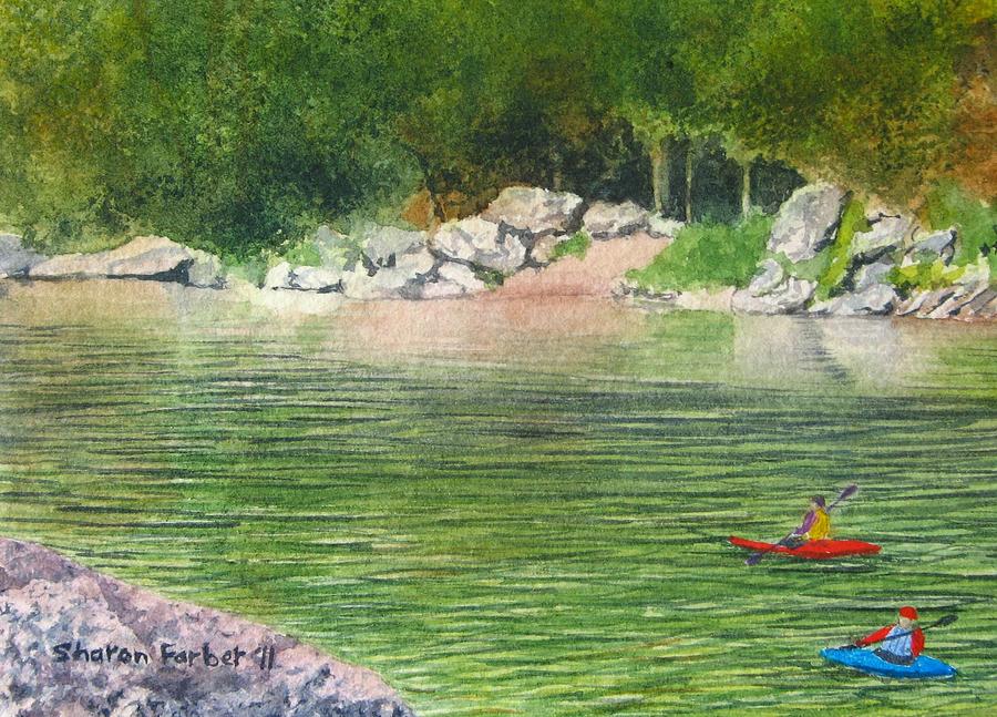 Boat Painting - Kayaks on the River by Sharon Farber