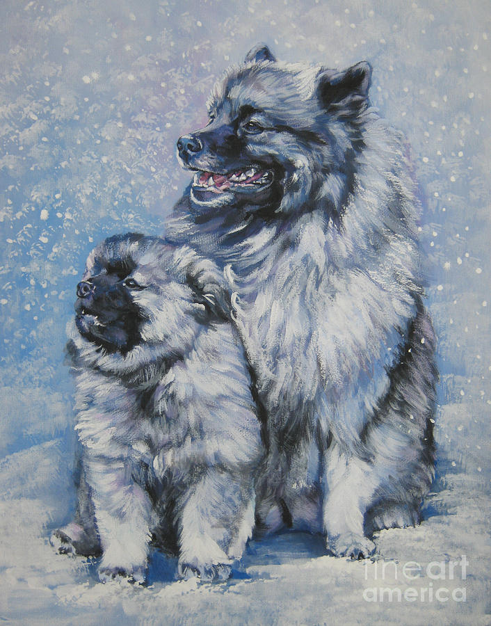Keeshond and pup in snow Painting by Lee Ann Shepard