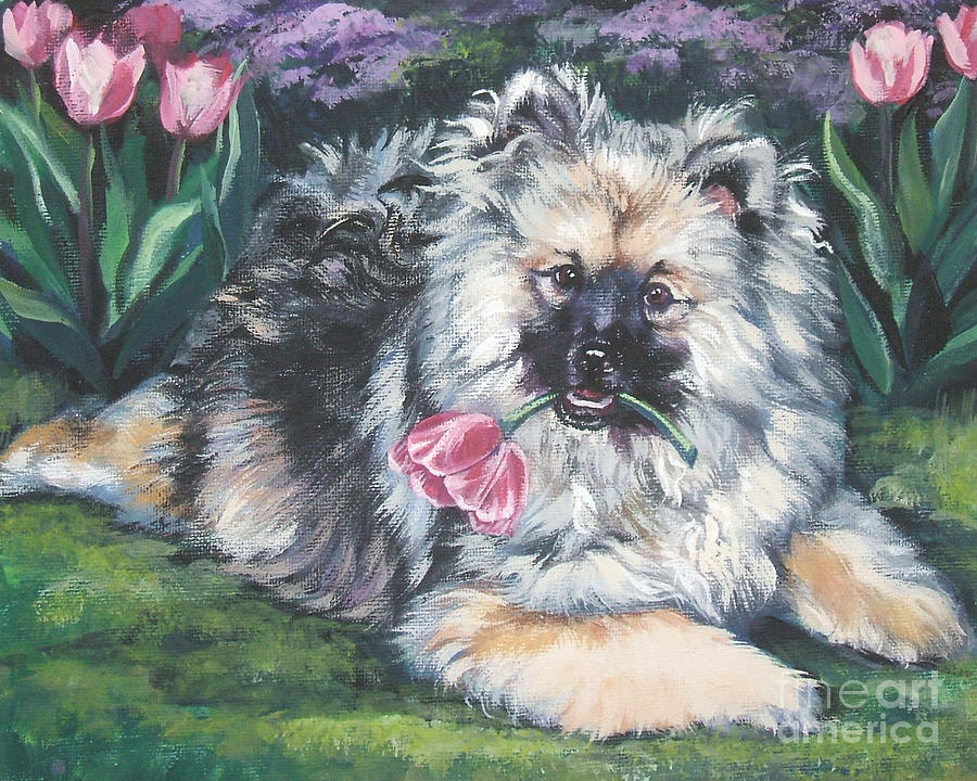 Keeshond in the Tulips Painting by Lee Ann Shepard