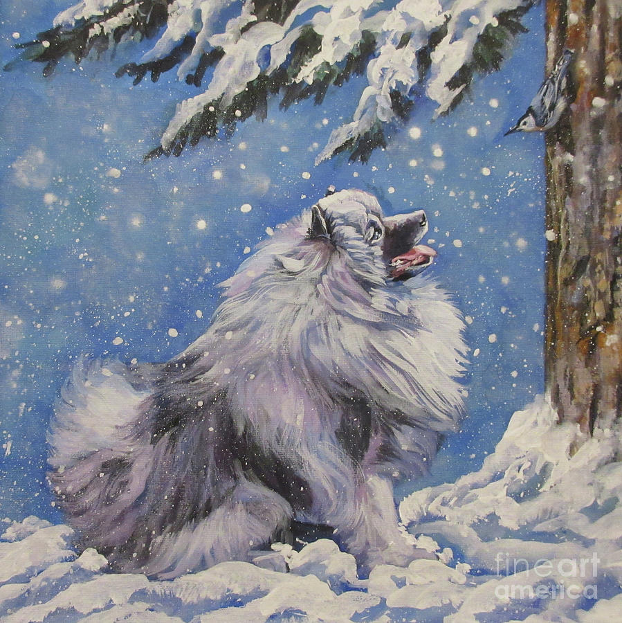 Keeshond in wnter Painting by Lee Ann Shepard