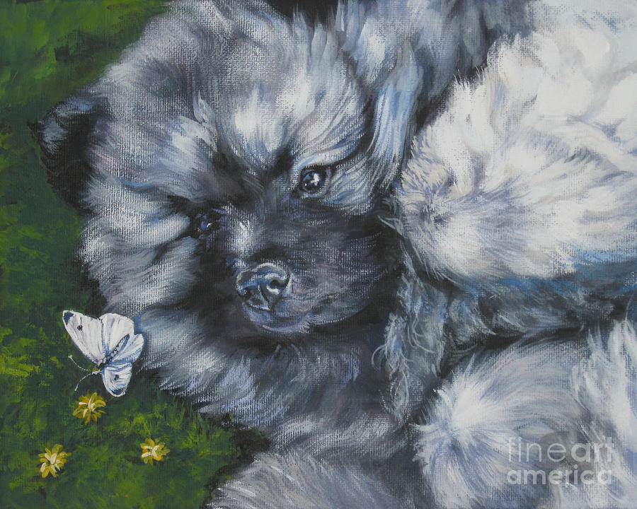 Keeshond pup with butterfly Painting by Lee Ann Shepard