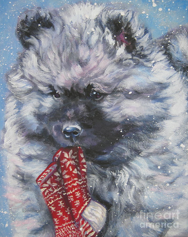 Keeshond Puppy with Christmas stocking Painting by Lee Ann Shepard