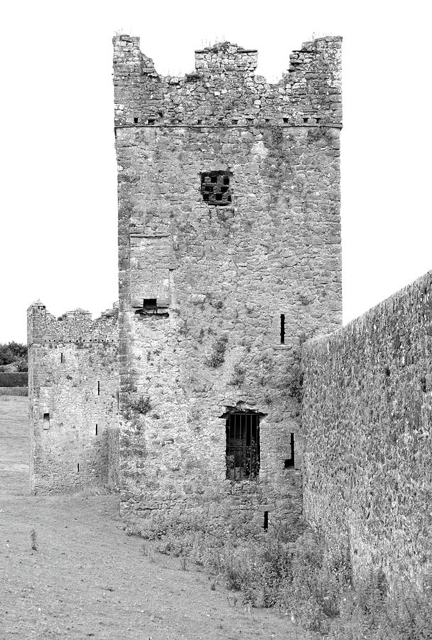 Kells Priory Outer Wall Featuring One of the Seven Towers Castle House Fortification Black and White Photograph by Shawn OBrien