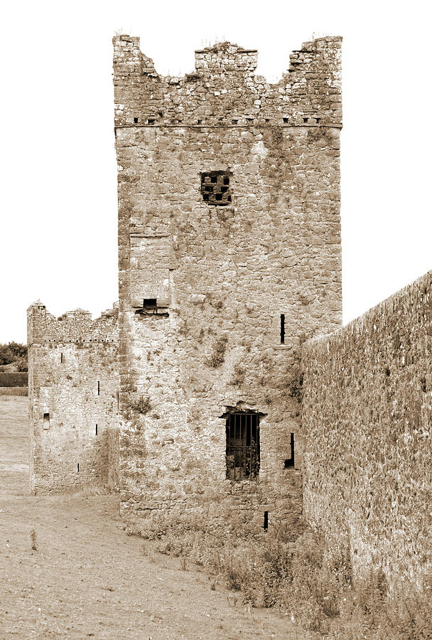 Kells Priory Outer Wall Featuring One of the Seven Towers Castle House Fortification Sepia Photograph by Shawn OBrien