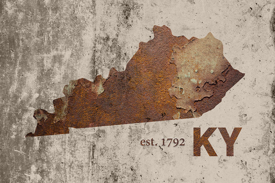 Kentucky Map Mixed Media - Kentucky State Map Industrial Rusted Metal on Cement Wall with Founding Date Series 002 by Design Turnpike