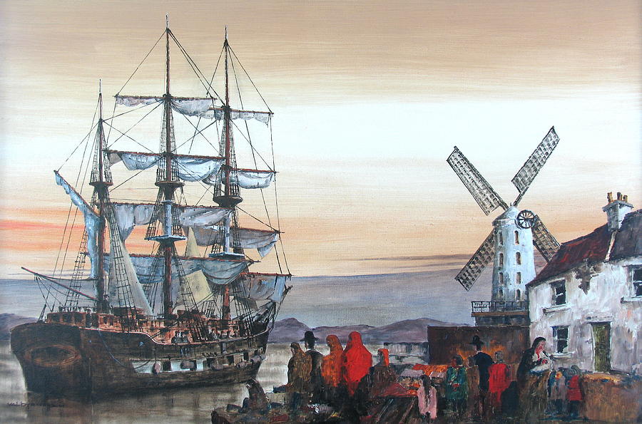 TRALEE..  IRISH  CANADIAN LINKS.. KERRY.  the JEANIE JOHNSTON famine ship in Blennerhasset.  Painting by Val Byrne