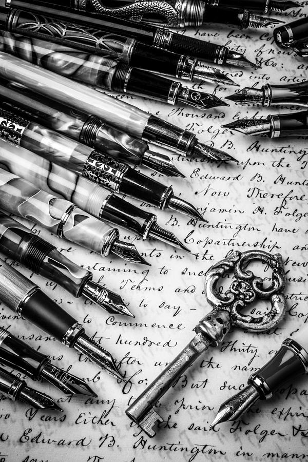 Vintage Photograph - Key And Fountain Pens by Garry Gay