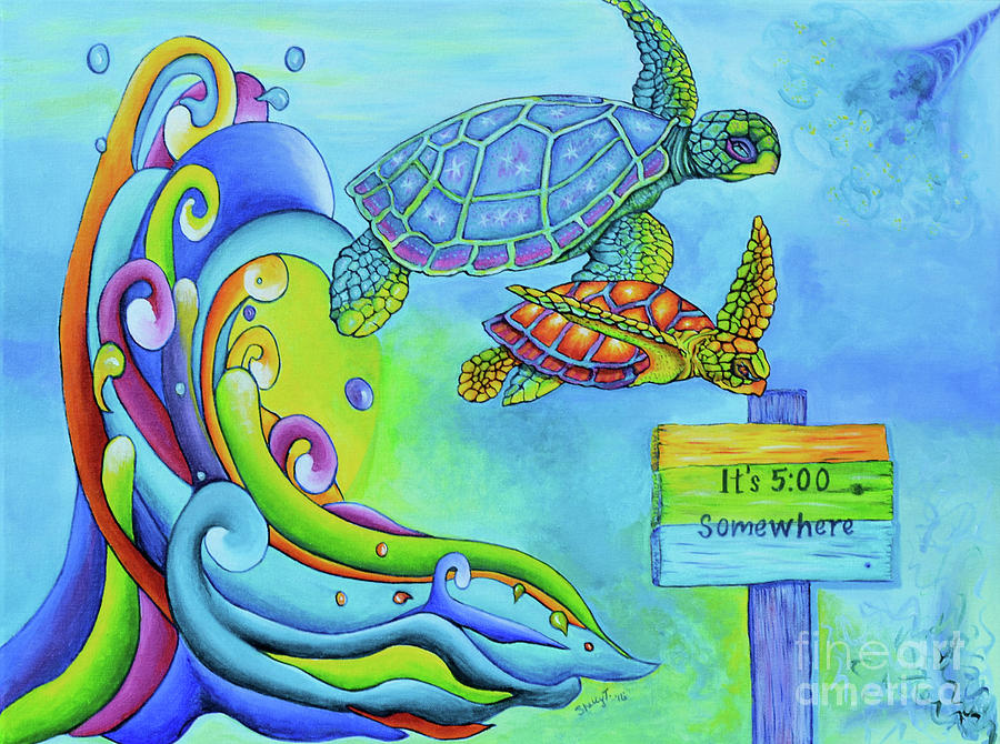 Key West Turtles Play Painting by Shelly Tschupp