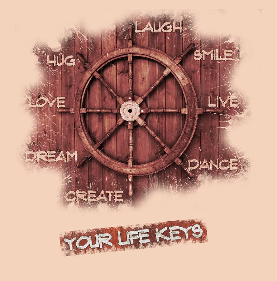 Laugh Painting - Keys to Happiness Typography on wooden Helm by Georgeta Blanaru