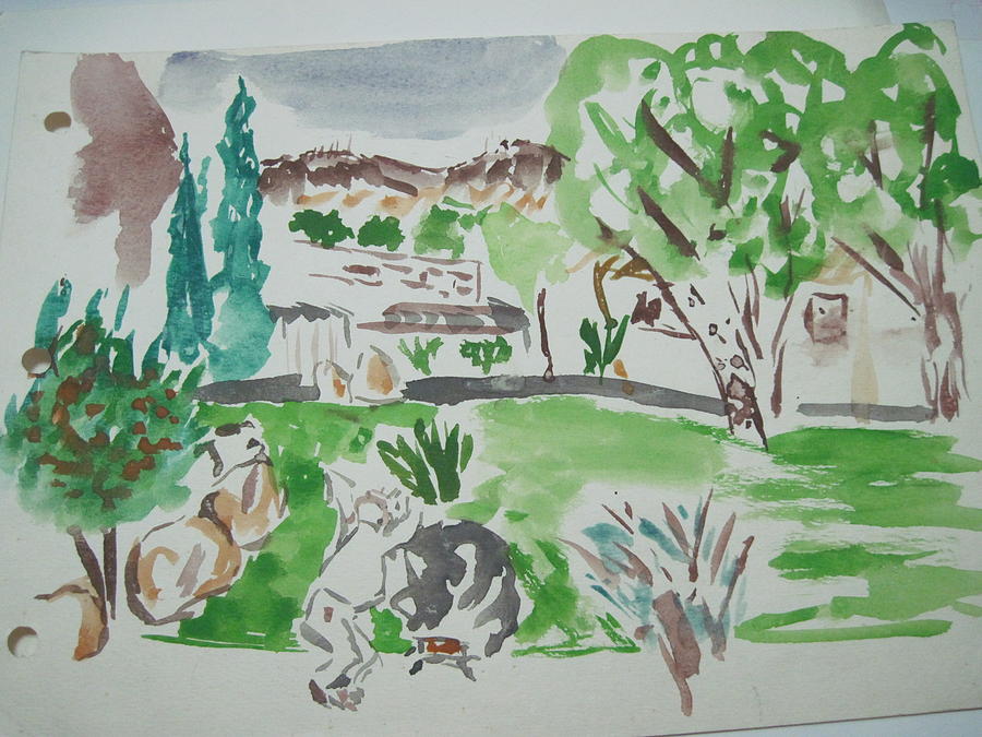Kibbutz summer view.Water color 1992 Drawing by Dr Loifer Vladimir