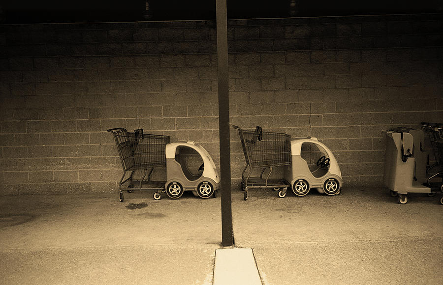 Kiddie Carts Behind Stop and Shop Sepia 2018 Photograph by Frank Romeo
