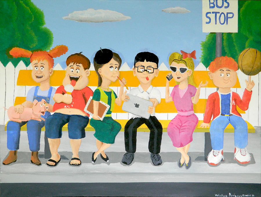 Kids At The Bus Stop Painting by Winton Bochanowicz