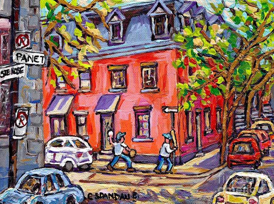 Kids Baseball Paintings Sunlit Summer Scene Pink House At Panet And Ste Rose Best Canadian Art  Painting by Carole Spandau
