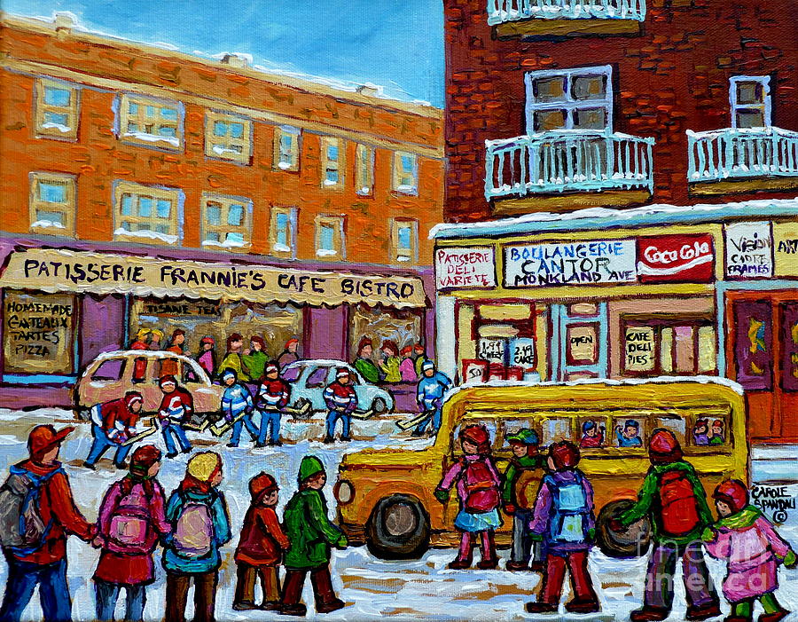 Kids Boarding Yellow School Bus Frannies Cafe And Cantors Monkland Street Hockey Canadian Art    Painting by Carole Spandau