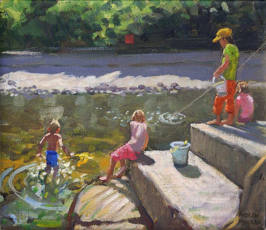 Summer Painting - Kids fishing   Looe   Cornwall by Andrew Macara