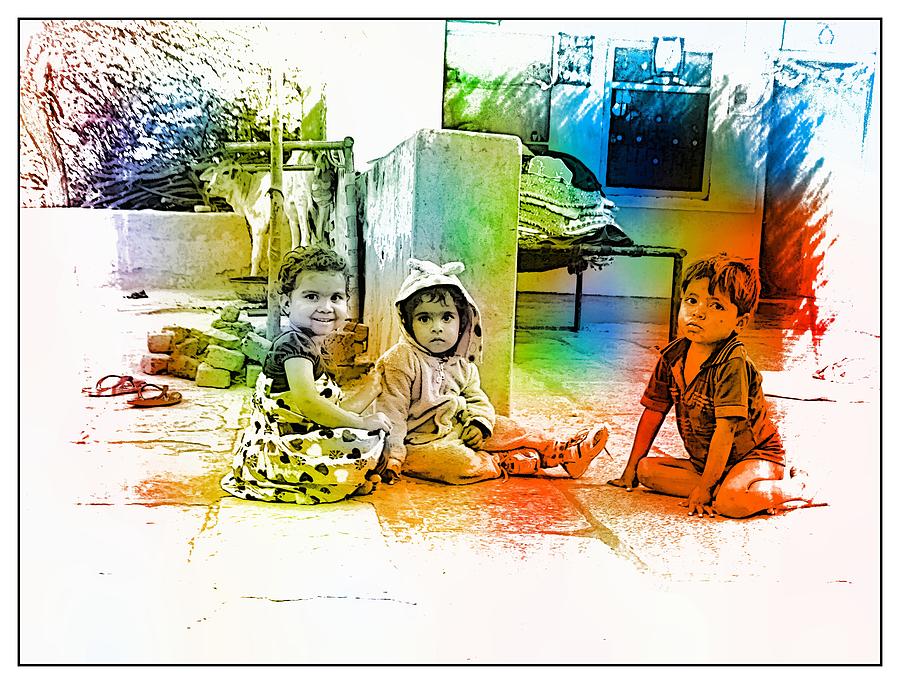 Summer Photograph - Kids in Front Yard Indian Village Rajasthani 2a by Sue Jacobi