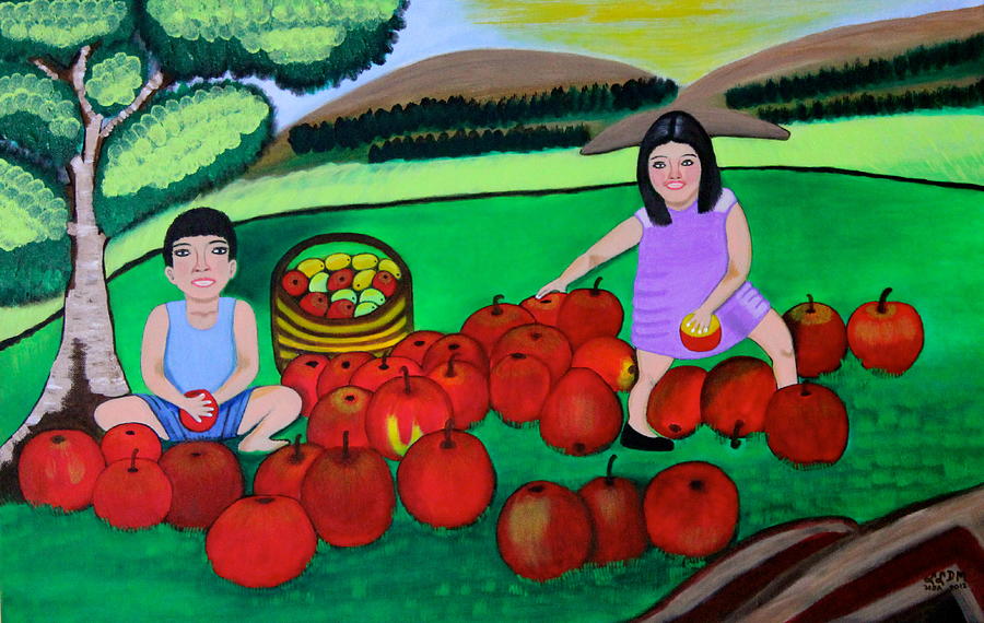 Kids Playing and Picking Apples Painting by Lorna Maza