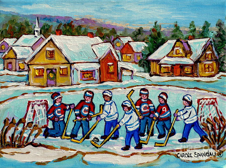 Kids Playing Hockey On Frozen Pond Cozy Country Village Scene Canadian Landscape Painting C Spandau  Painting by Carole Spandau