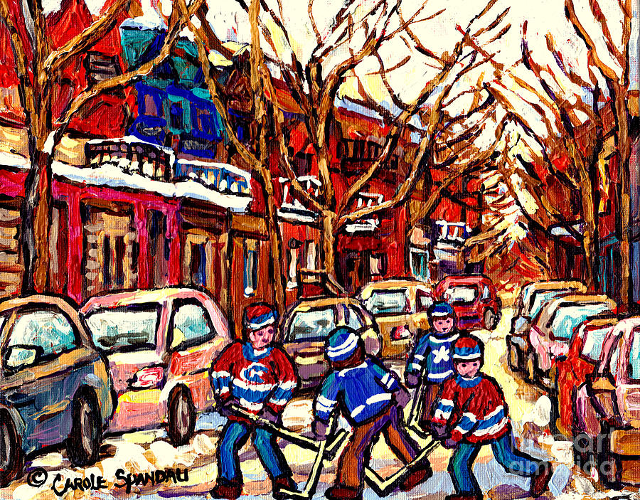 Kids Playing Street Hockey After The Snowfall Verdun Montreal Winter Scene Art Carole Spandau        Painting by Carole Spandau