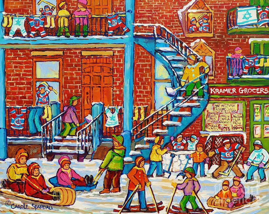Kids Winter Playground Kramers Grocer Street Scene Toboggan Skiiers Hockey Art Canadian Paintings   Painting by Carole Spandau
