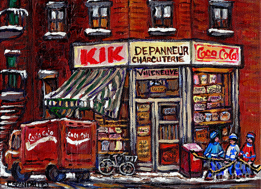 Kik Cola Depanneur Villeneuve And Jeanne Mance Coca Cola Truck And Street Hockey Montreal Paintings  Painting by Carole Spandau