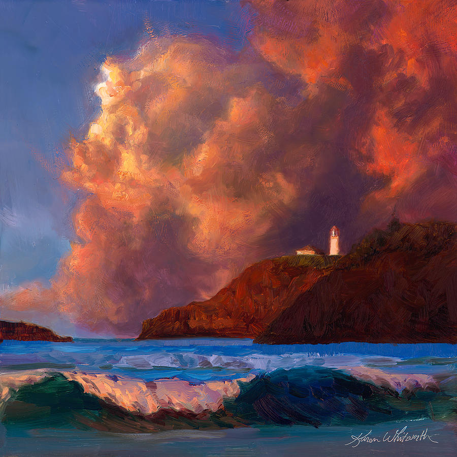 Kilauea Lighthouse - Hawaiian Cliffs Sunset Seascape and Clouds Painting by K Whitworth