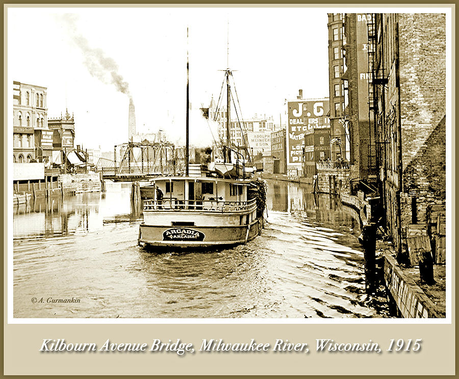 Kilbourn Avenue Bridge, Shipping Vessel, Milwaukee River, c.1915 Photograph by A Macarthur Gurmankin