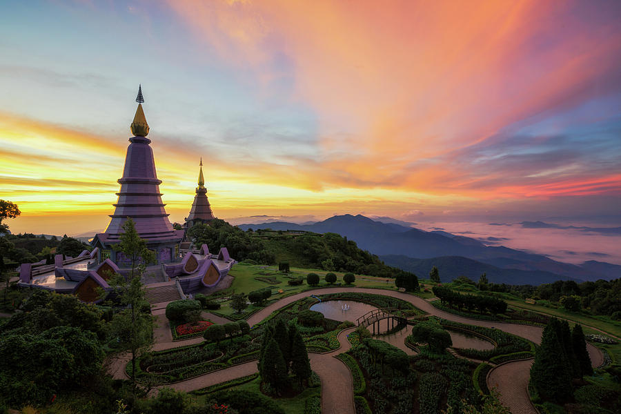 King and queen double pagoda on top of Inthanon mountain Photograph by Anek Suwannaphoom