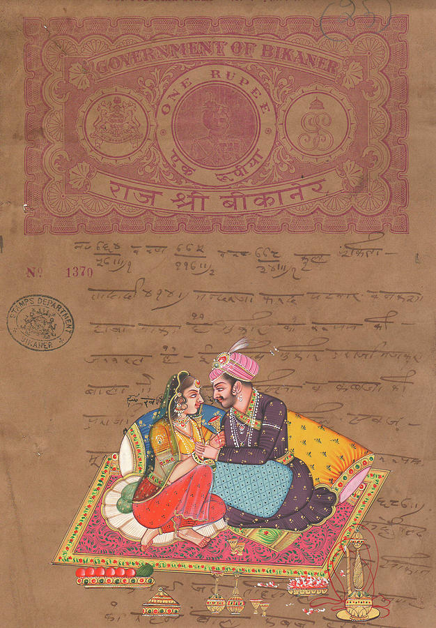 King of India Mughal Art of Love Kamsutra indian miniature watercolor Painting on old stamp  Painting by Ravi Sharma