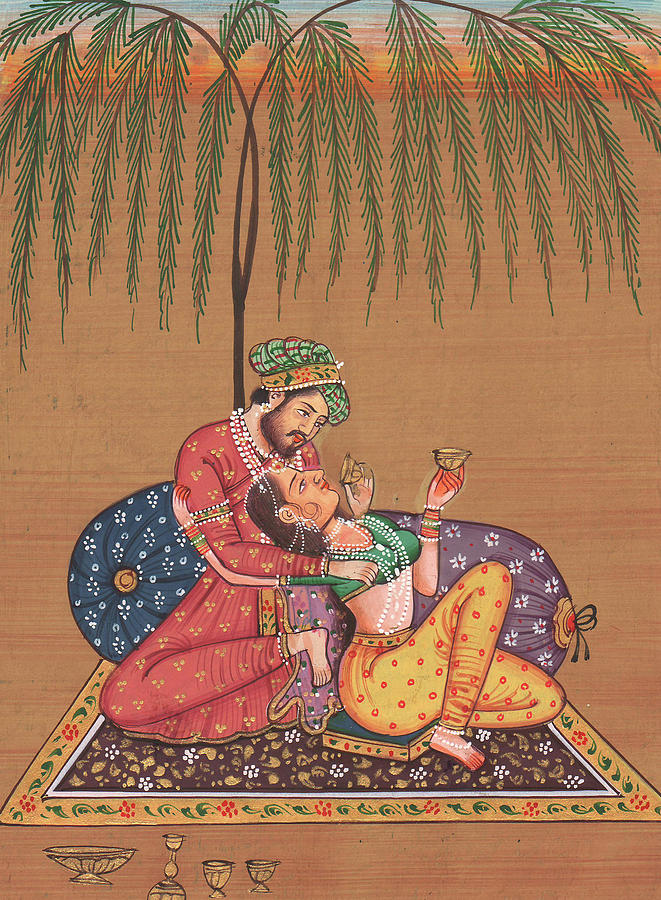 King of India Mughal Art of Love Kamsutra Under the Tree Paper Painting Artwork Drawing Painting by M B Sharma