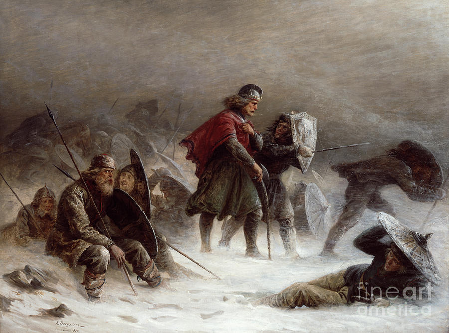 King Sverre in a blizzard on Vosse mountains Painting by O Vaering