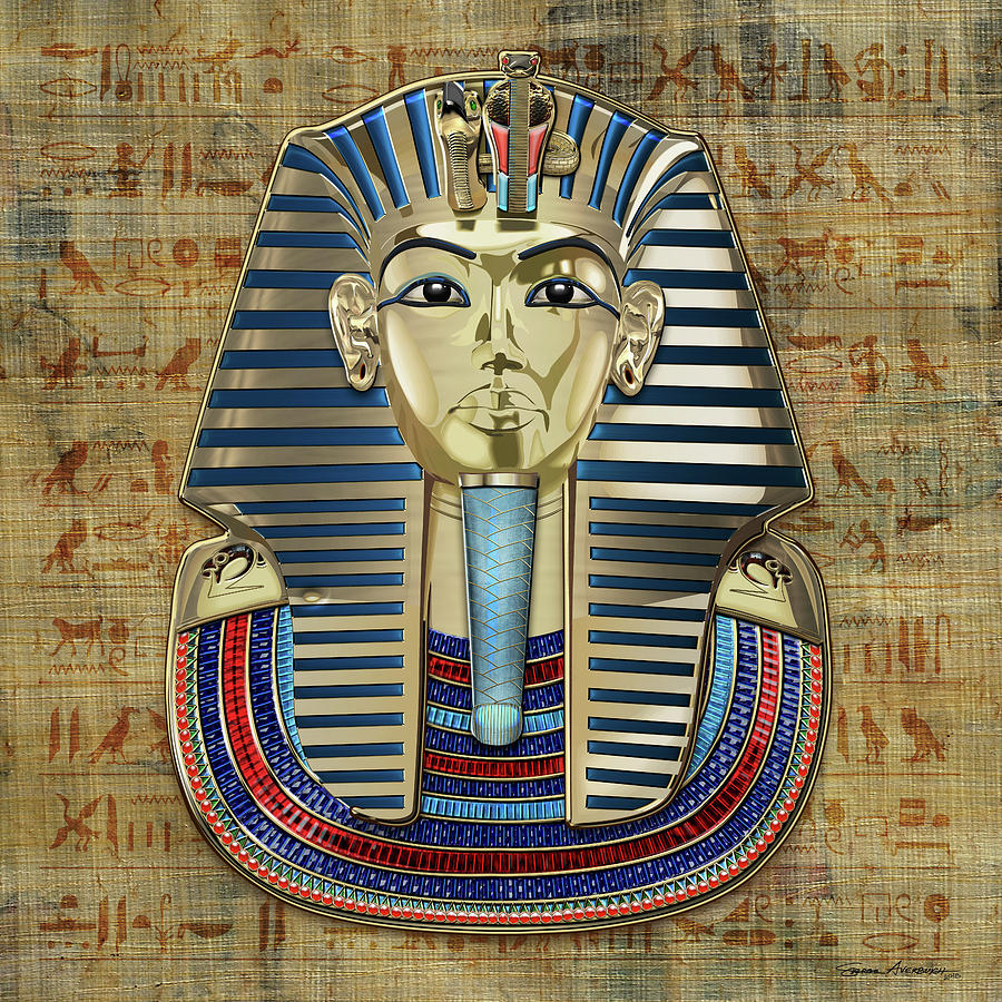 King Tut -Tutankhamuns Gold Death Mask over Egyptian Hieroglyphics Papyrus Digital Art by Serge Averbukh