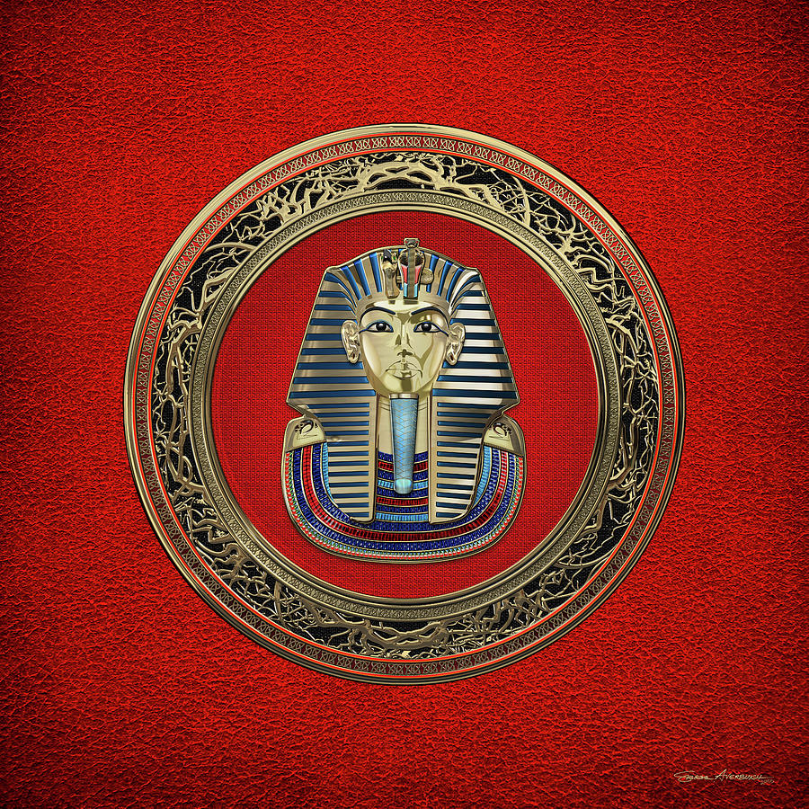 King Tut -Tutankhamuns Gold Death Mask over Red Leather Digital Art by Serge Averbukh