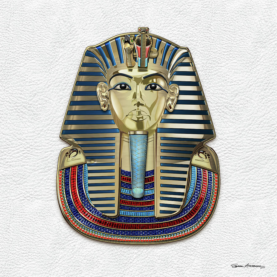 King Tut -Tutankhamuns Gold Death Mask over White Leather Digital Art by Serge Averbukh
