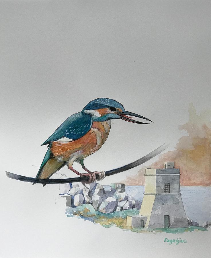 Kingfisher over tal-Lippija tower Painting by Ray Agius