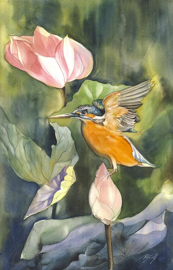 Kingfisher with lotus Painting by Alfred Ng