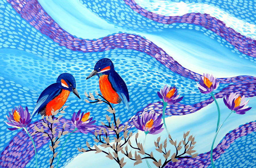 Kingfishers With Lilies Painting